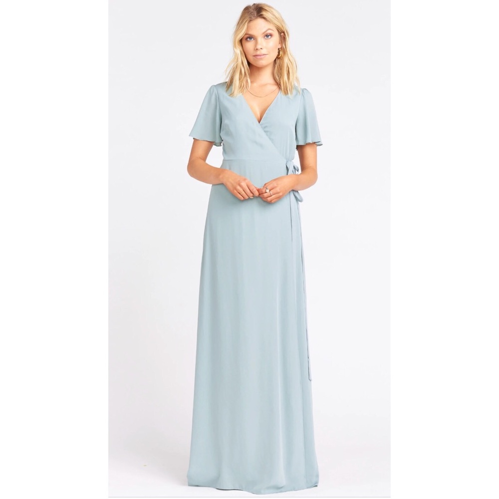 Noelle Flutter Wrap Dress in Silver Sage Crisp